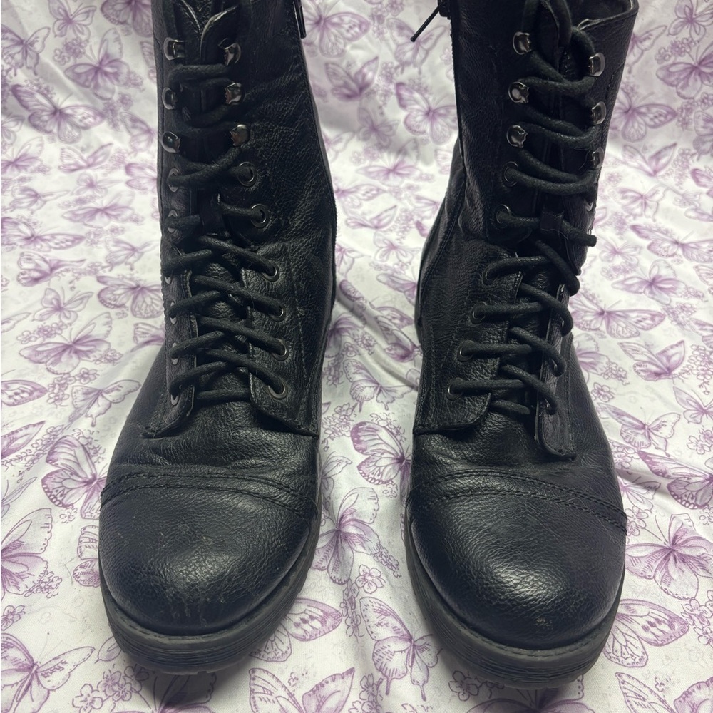 BAMBOO Black Combat Moto Boots with Lace-Up Design